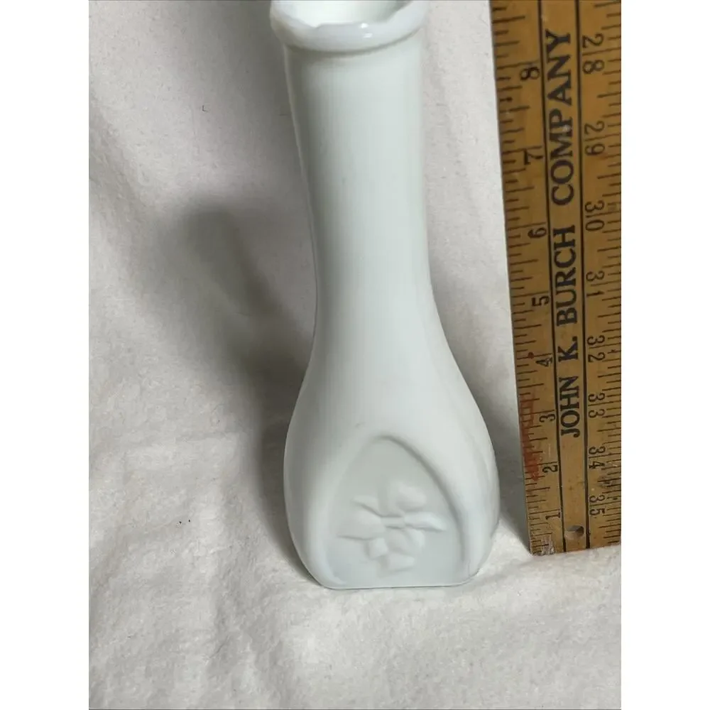 Unique Vintage 8-3/4” Milk Glass Bud Vase w/ Embossed Flower On Flat Side VGC